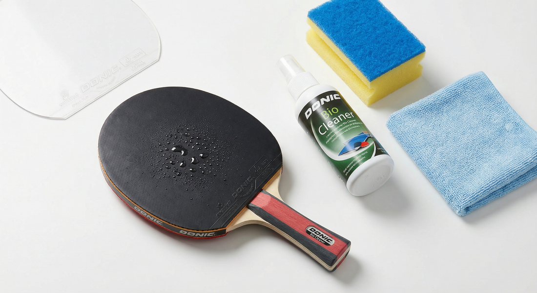 Table tennis bat with red rubber, cleaning sponge and protective film - how to clean and care for table tennis rubbers