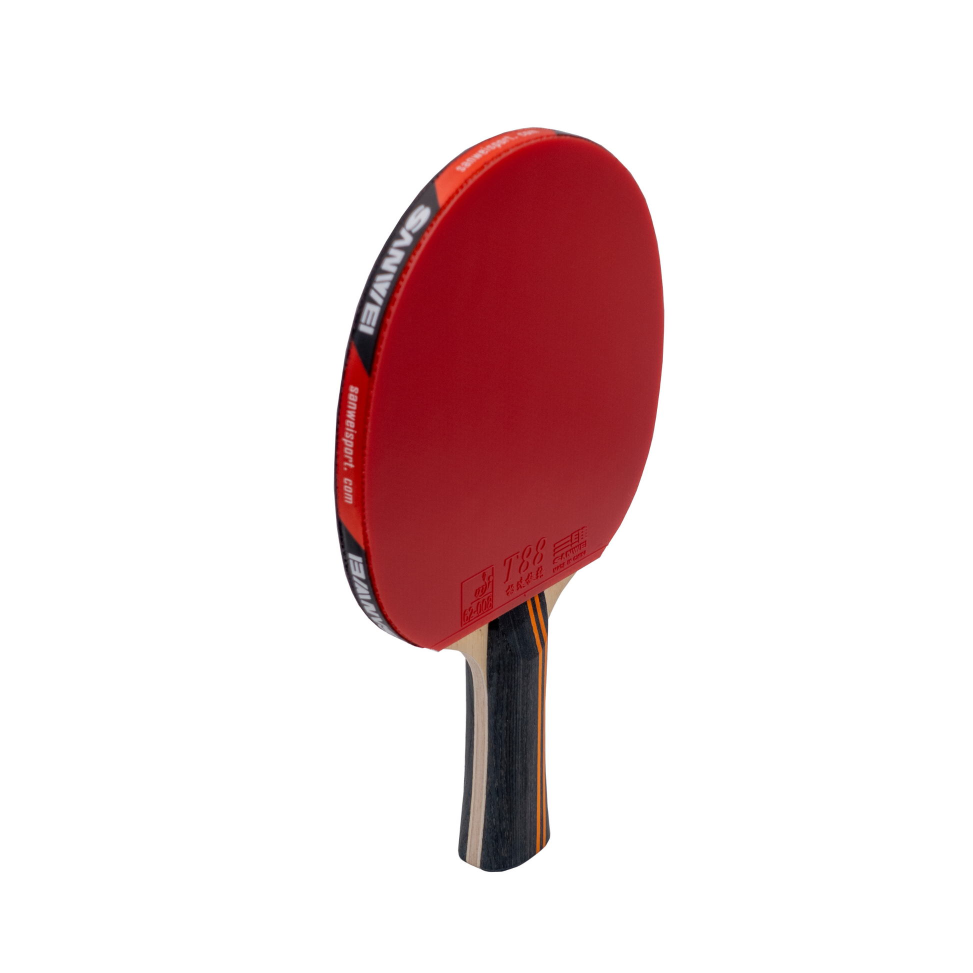 Sanwei Accumulator S88 table tennis bat with 5-ply wood blade and Ultra Spin T88 rubbers, ideal for advanced beginners.
