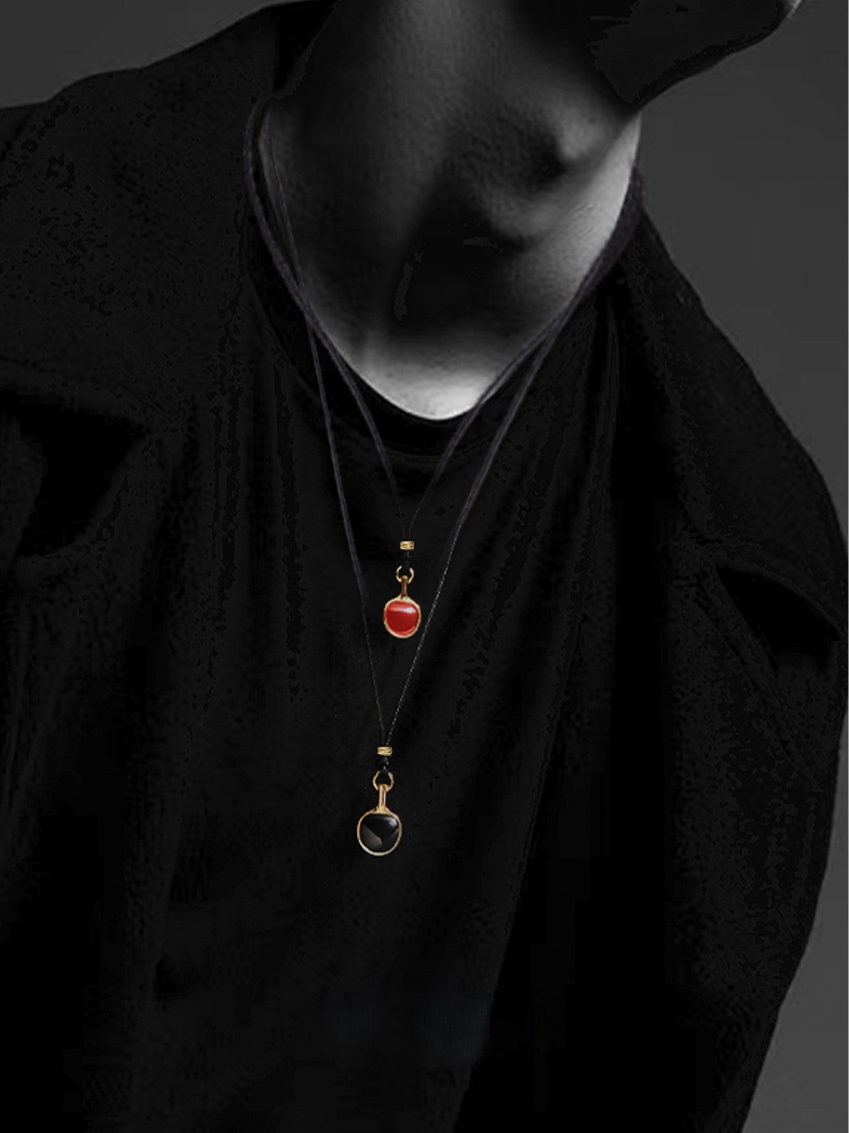 Red & Black Agate Leather Cord Table Tennis Necklace