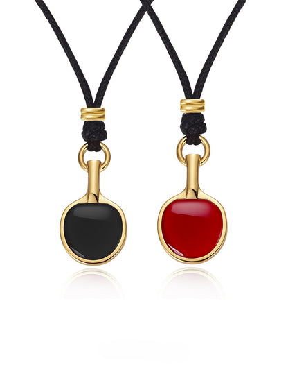 Red & Black Agate Leather Cord Table Tennis Necklace
