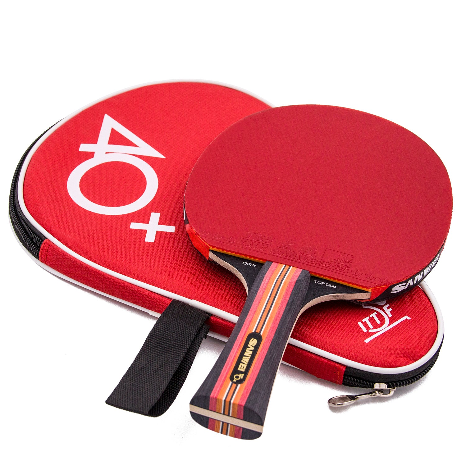 Sanwei TS7 Club Table Tennis Bat with T88 rubbers and a 5-ply blade, includes a red bat case, ideal for club players.