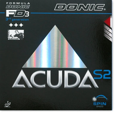Donic Acuda S2 table tennis rubber with FD3 Technology, featuring medium-soft sponge for dynamic play, precise control, and excellent spin.